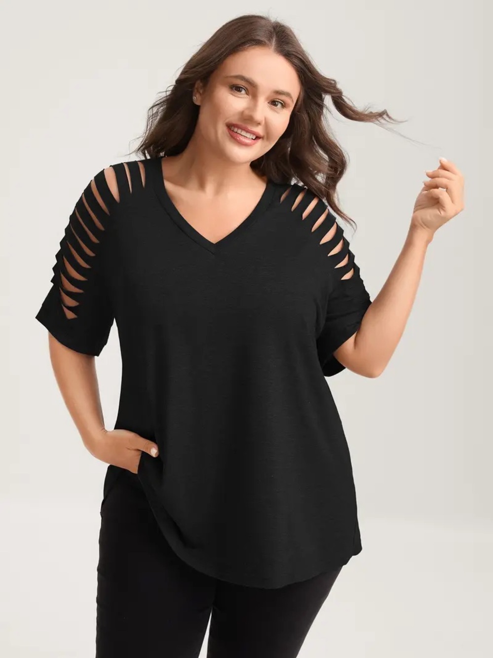 BloomChic Black V-Neck Short Sleeve Top with Ladder Cut Shoulders